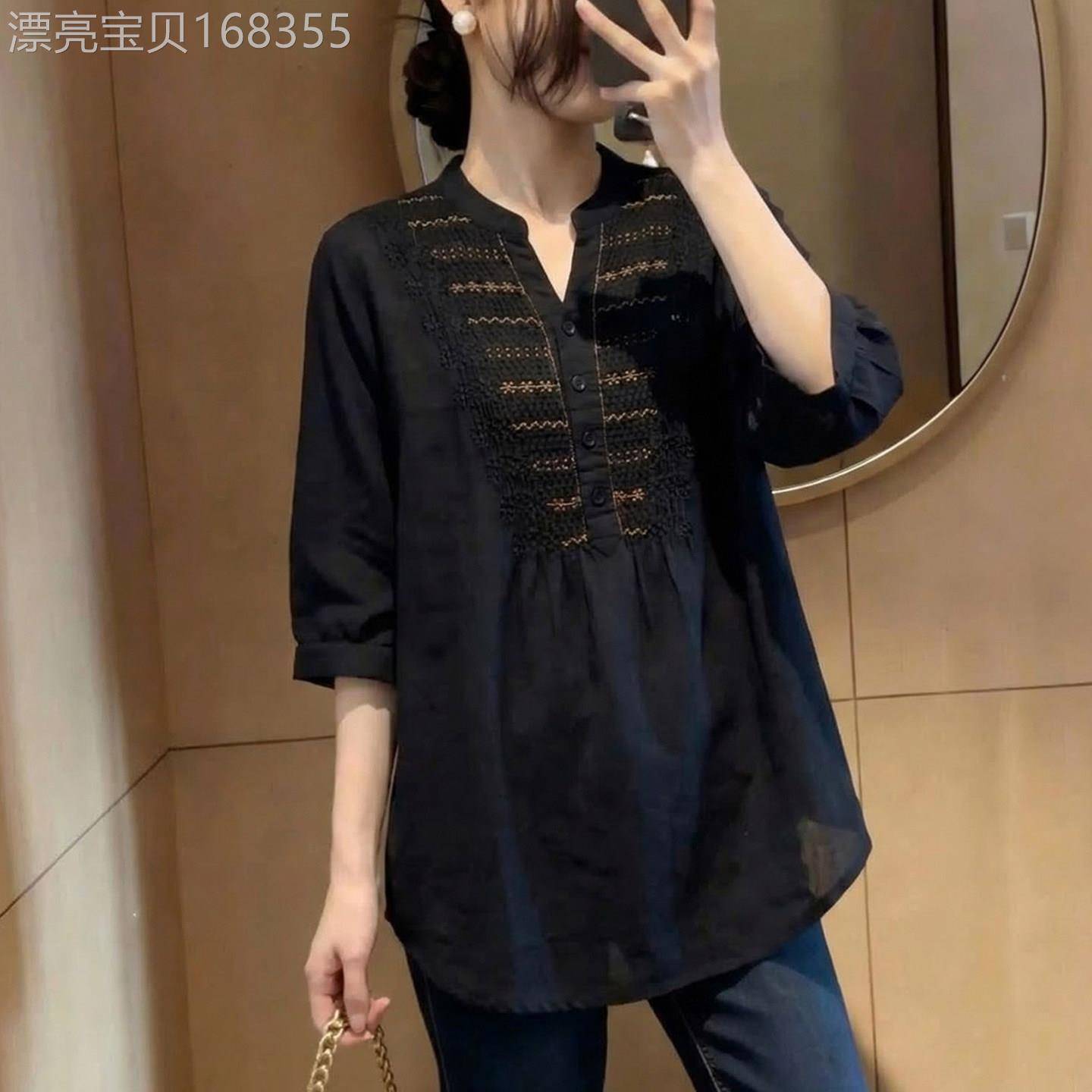 潮牌刺绣小V领短袖衬衫女夏季新款时尚显瘦遮肚中长款正肩上衣