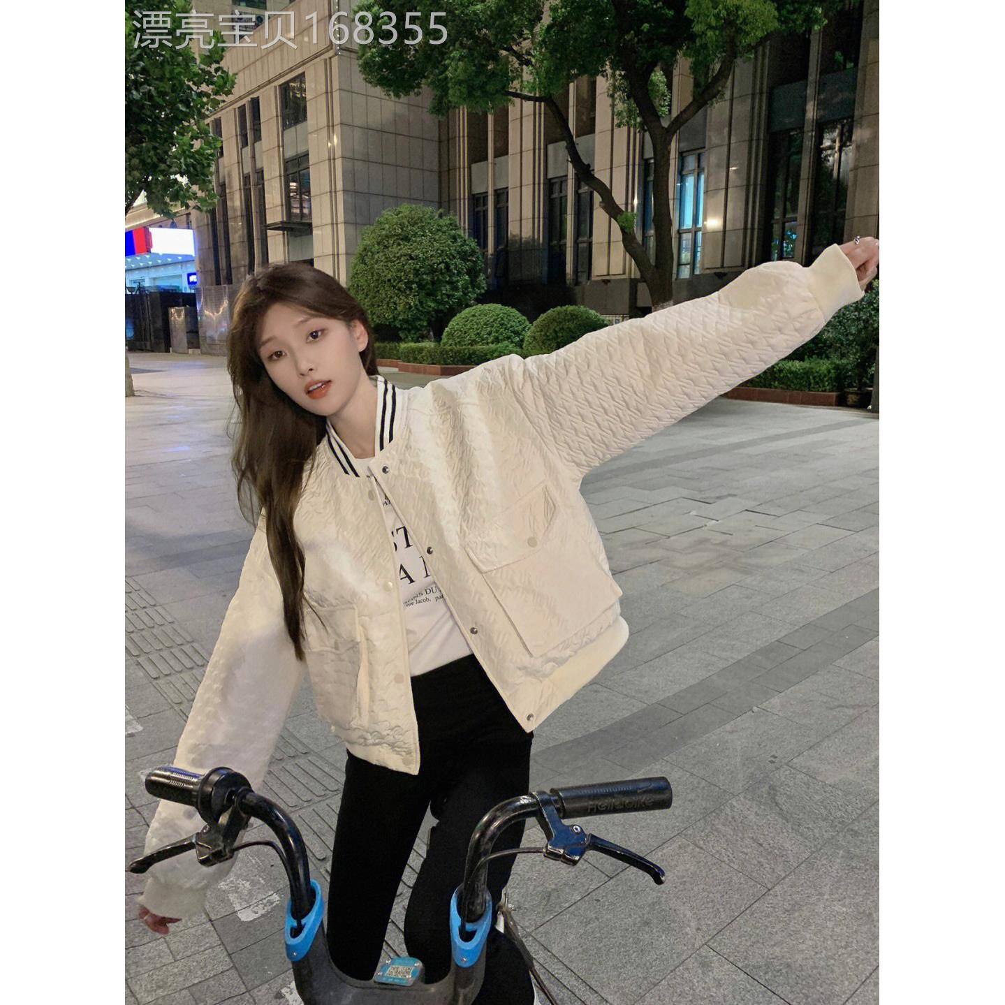 潮牌白色V领短款棒球服女2025春秋新款宽松复古百搭夹克外套ins潮