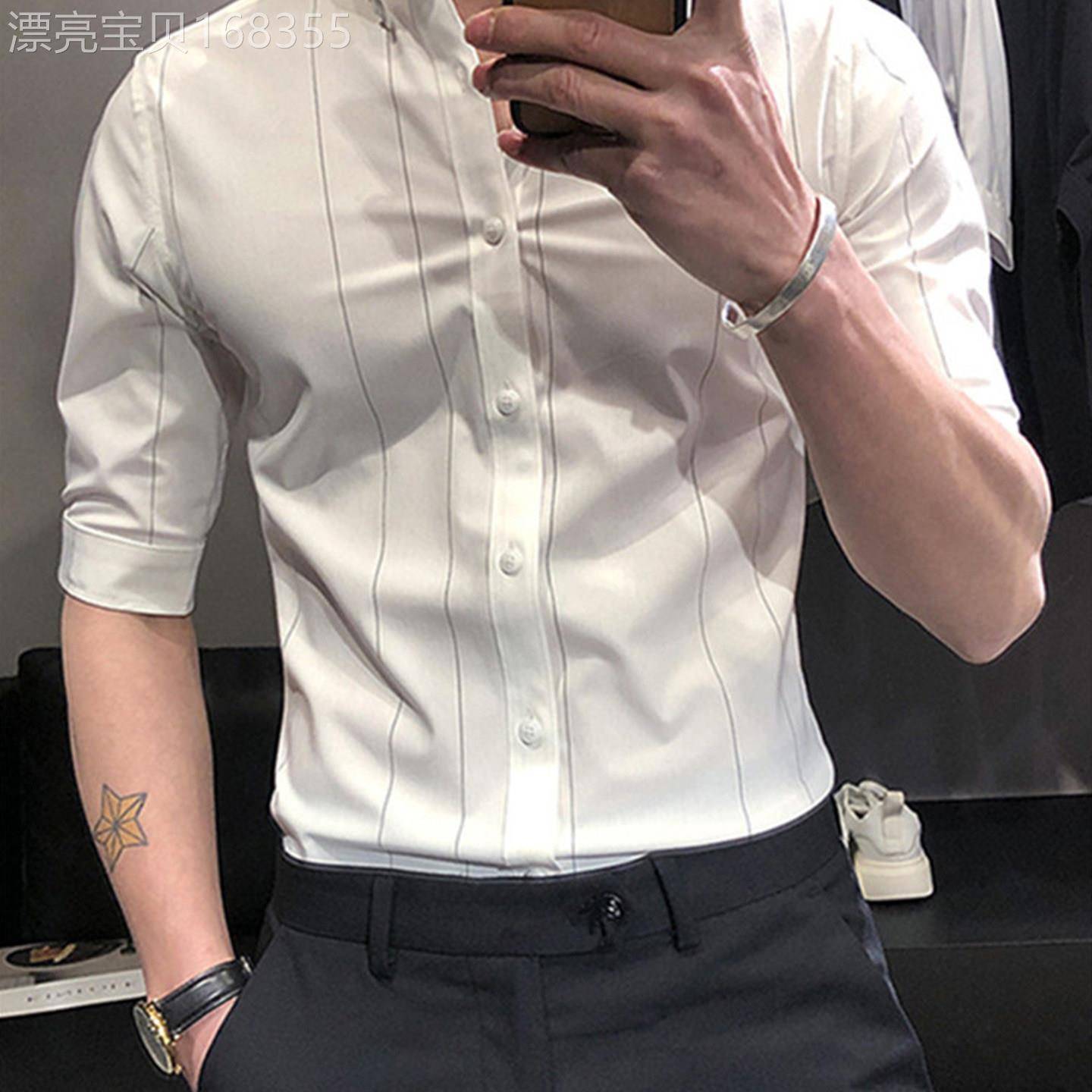 MK正品条纹衬衫男短袖夏季薄款高端免烫抗皱商务时尚白色男士衬衣