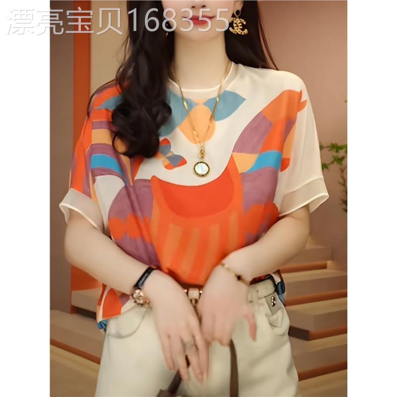 雪纺网纱印花短袖T恤女夏季新款时尚大尺码宽松遮肚子漂亮小衫上