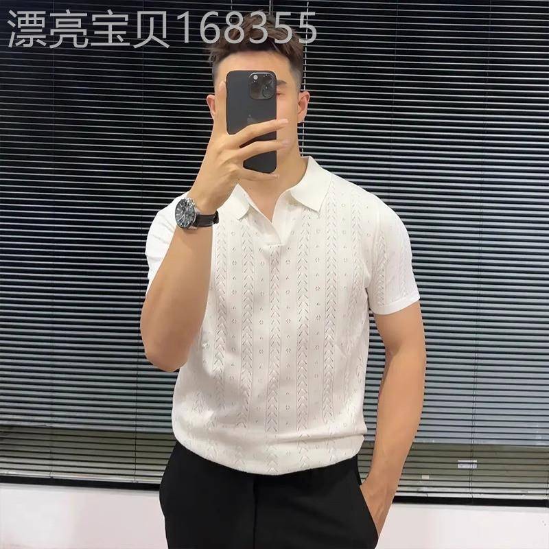 高端白色针织POLO衫短袖t恤男士2026新款夏季海鸥领镂空上衣男款