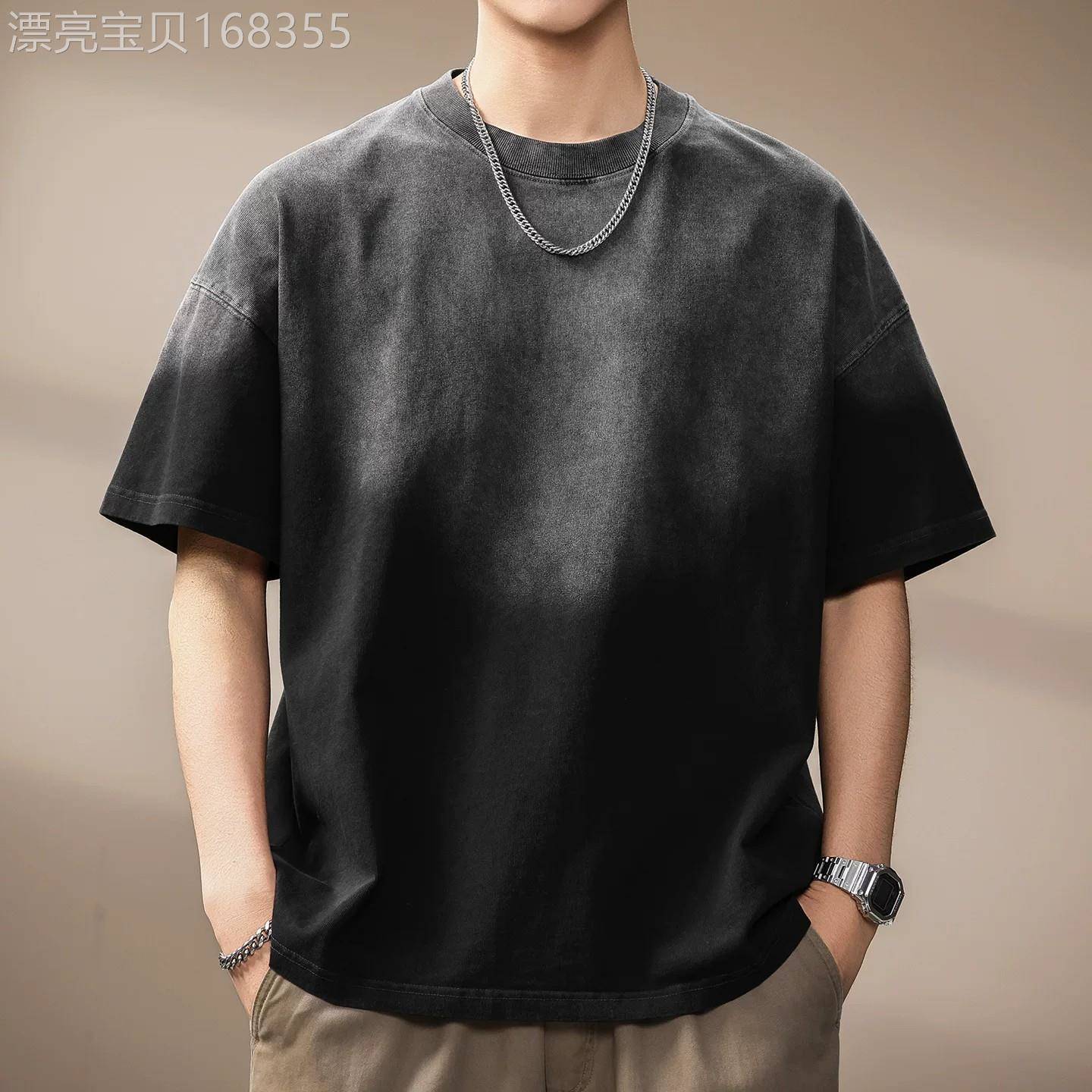 高端夏季重磅成衣染短袖T恤男潮牌美式复古纯棉Oversize渐变体恤