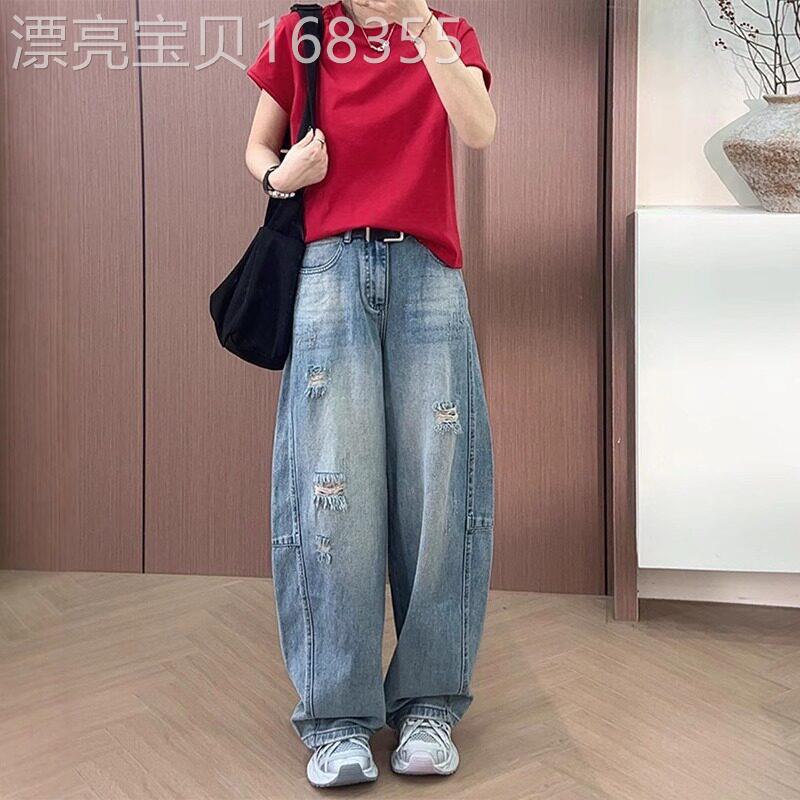 破洞弯刀牛仔裤女夏季薄款2025新款高腰垂感直筒大尺码小个子阔腿