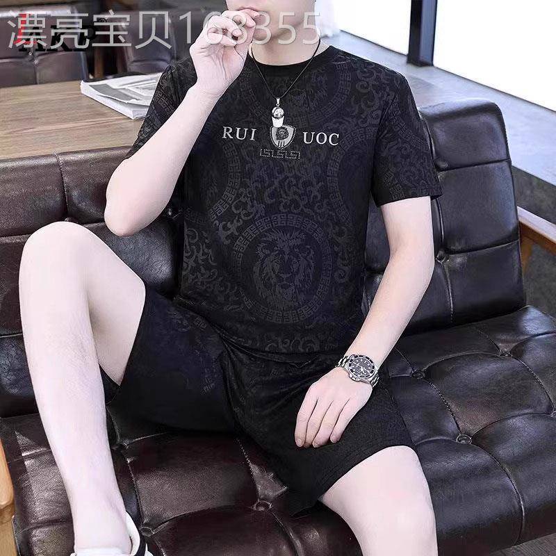 高端冰丝休闲套装男士2026夏季新款烫钻印花凉感短袖短裤男款一套