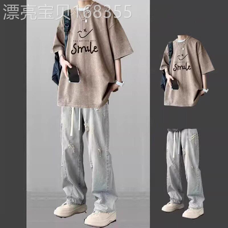 潮牌休闲套装男士夏季2026新款水洗复古短袖t恤潮流牛仔裤两件套