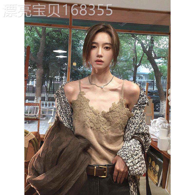 卡其色立体蕾丝钩花针织吊带背心女士2026春季新款高级感无袖上衣