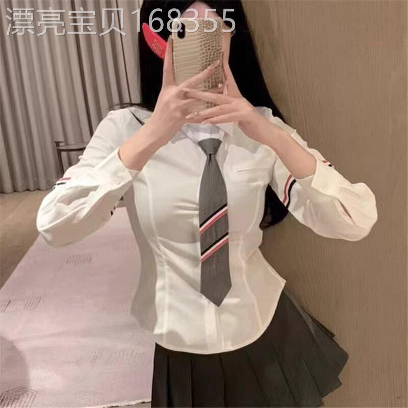 欧洲站tb织带短款领带长袖衬衫女2025春秋装新款学院风修身打底衫