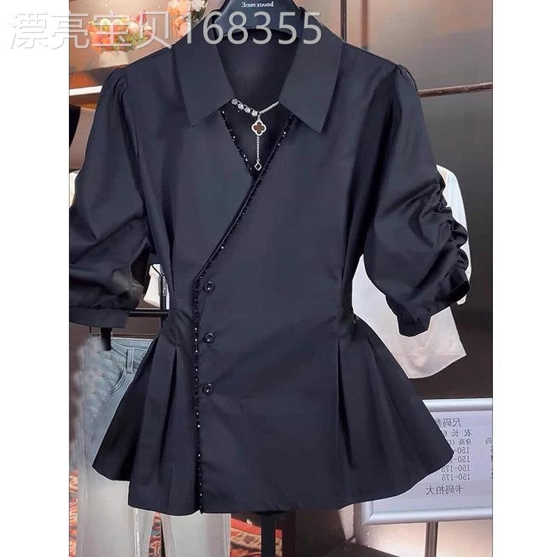 法式短袖衬衫女士夏季2025新款大码高级设计感v领泡泡袖衬衣上衣