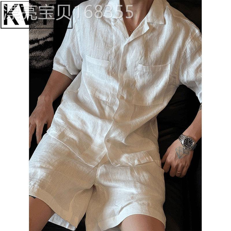 轻奢老钱风亚麻套装男2026新款高级感穿搭衬衫短裤两件套男装夏装