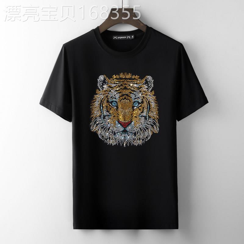 香港正品潮牌夏季东北虎老虎头烫钻半袖男女款丝光棉宽松短袖T恤