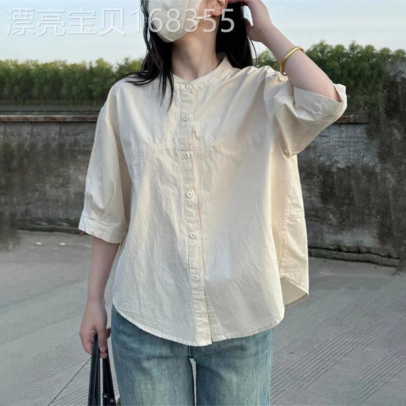 潮牌小圆领短袖衬衫2026夏季简约百搭宽松衬衣遮肉韩版半袖上衣潮