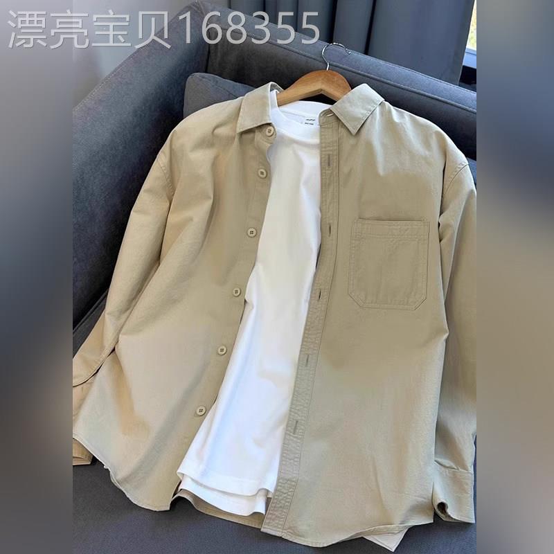 高端卡其色长袖衬衫男士2026新款春秋季纯棉宽松短袖衬衣外套男款