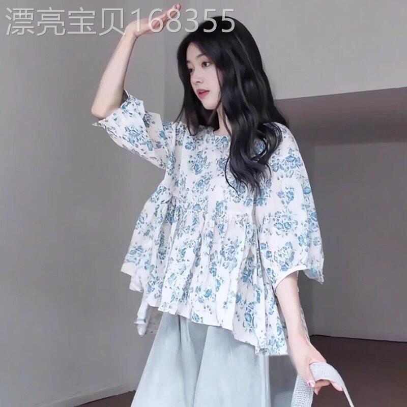 碎花文艺短袖衬衫女夏季2026新款大码宽松蝙蝠袖衬衣女设计感小众