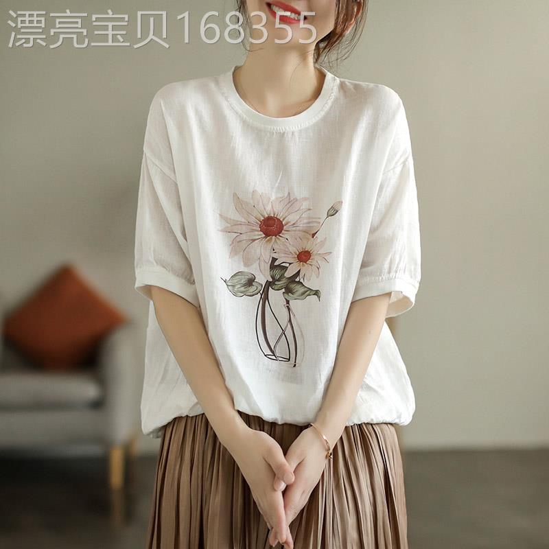文艺复古印花亚麻短袖T恤女夏季薄款体恤宽松大码休闲百搭短上衣