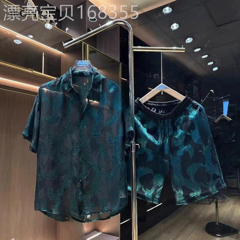 高端防晒套装男夏季薄款冰丝花衬衫短裤两件套休闲五分裤衬衫短袖