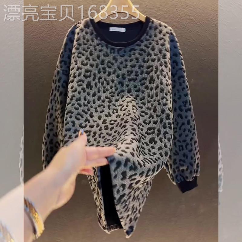 慵懒风休闲时尚豹纹圆领长袖女2025秋季新款宽松显瘦百搭大码上衣