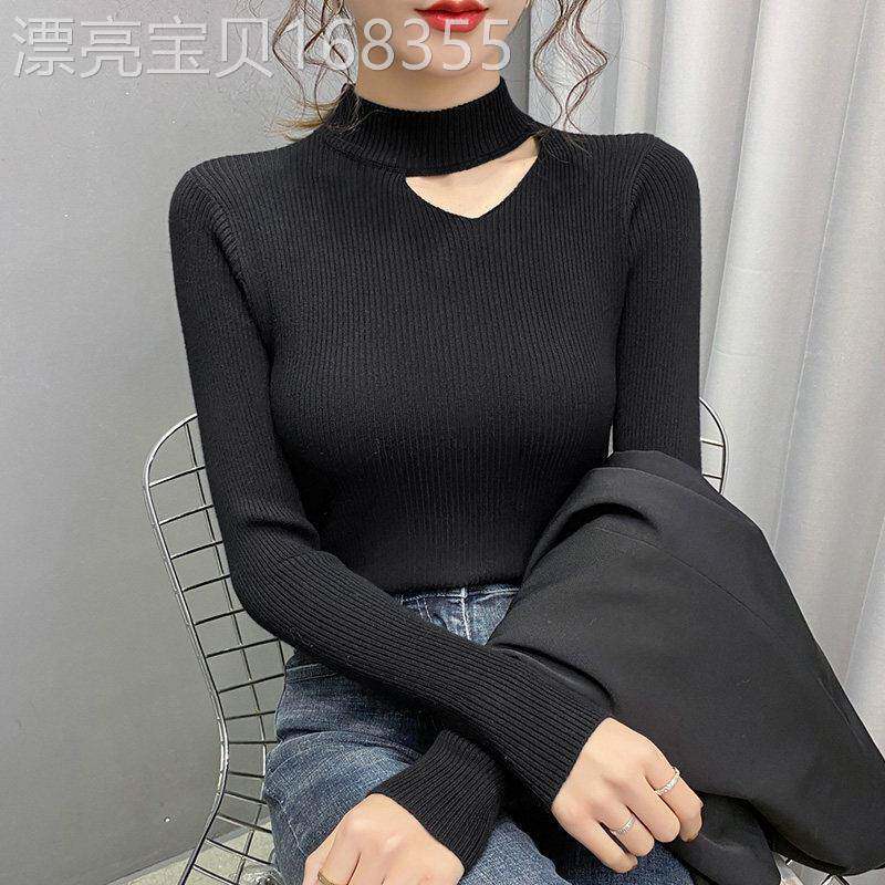 黑色半高领毛衣女春秋内搭2026新款洋气设计感锁骨针织打底衫上衣