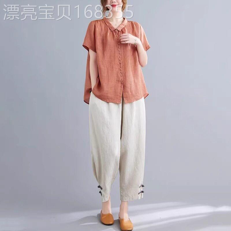 潮牌棉麻衬衫女夏季短袖妈妈休闲时尚显瘦遮肉亚麻上衣哈伦裤套装