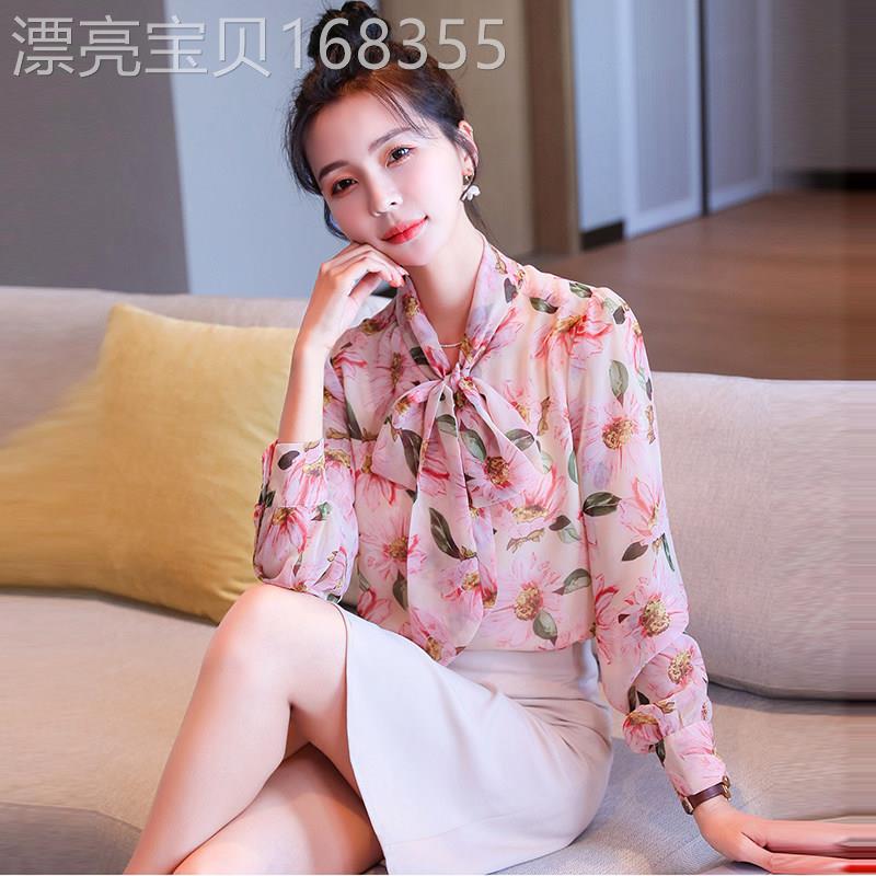 蝴蝶结碎花上衣女长袖2025春秋新款宽松遮肚雪纺衬衫洋气小衫外穿