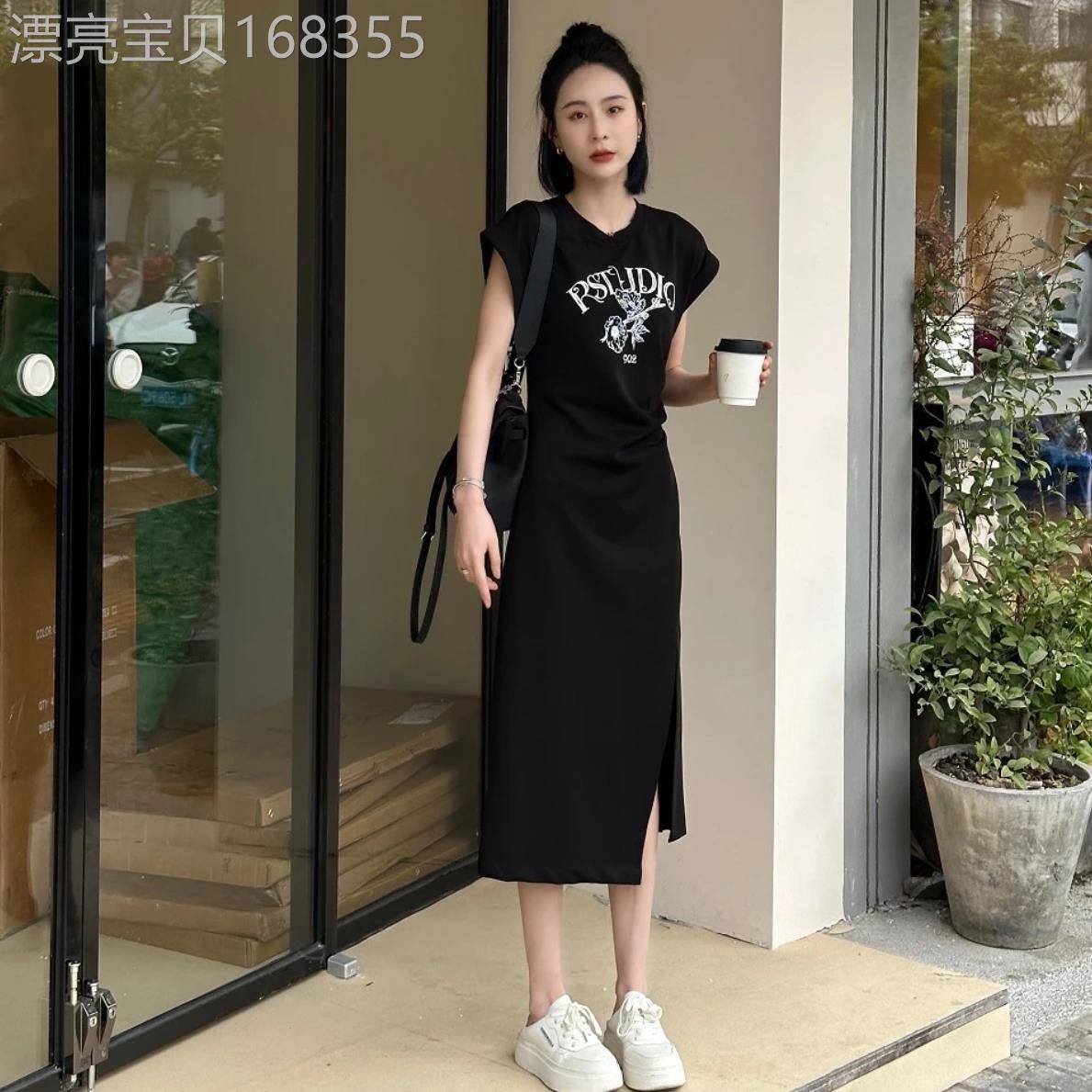 欧货时尚字母印花短袖连衣裙女夏季不规则显瘦收腰开叉长款T恤裙