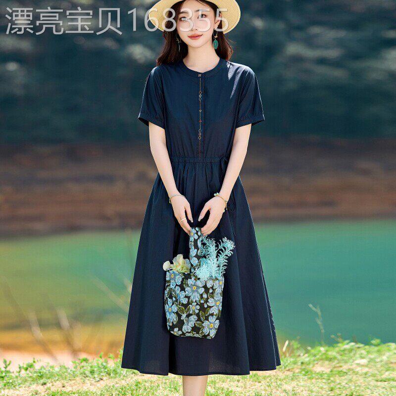 全棉纯色洋装2026夏季新款收腰气质休闲减龄高级感刺绣裙子女士