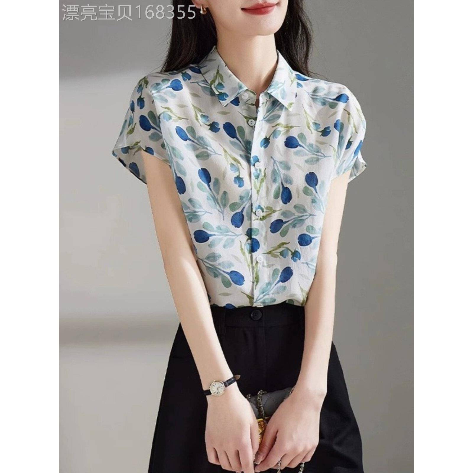 雪纺碎花polo领衬衫女夏季气质休闲印花单排扣短袖衬衣高级感上衣
