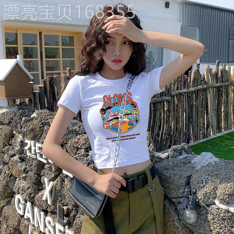 潮牌短款露脐t恤女夏季时尚新款高腰紧身短袖体恤修身ins新款上衣