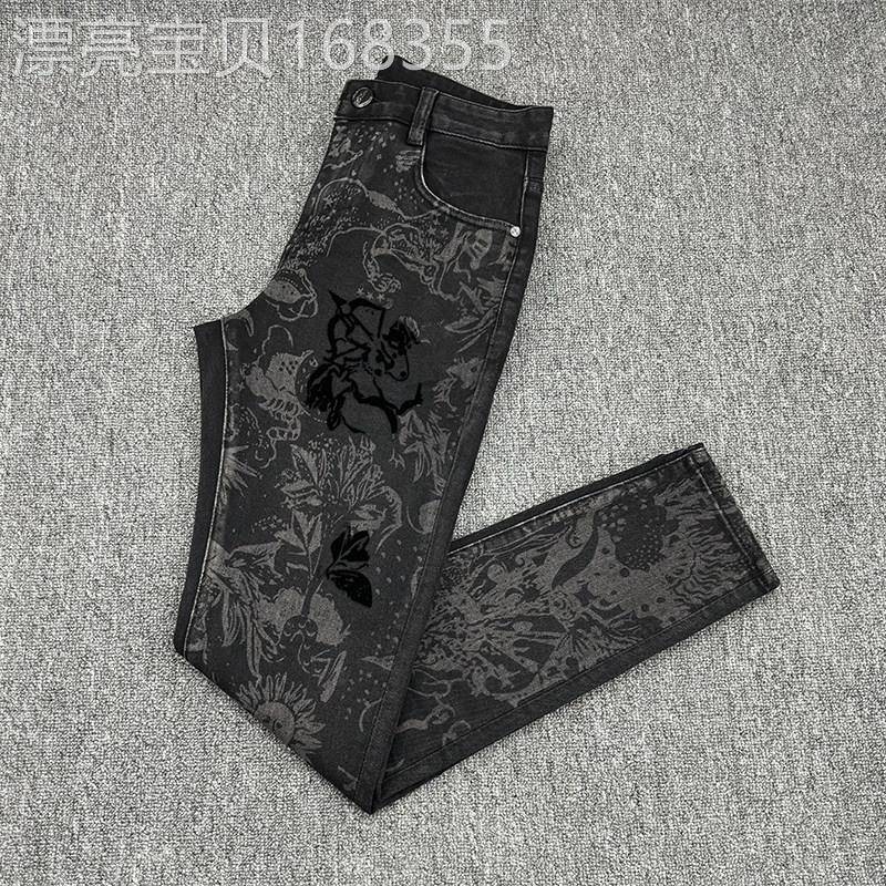 高档植绒印花男士牛仔裤潮牌修身小脚时尚黑色弹力休闲青年长裤子