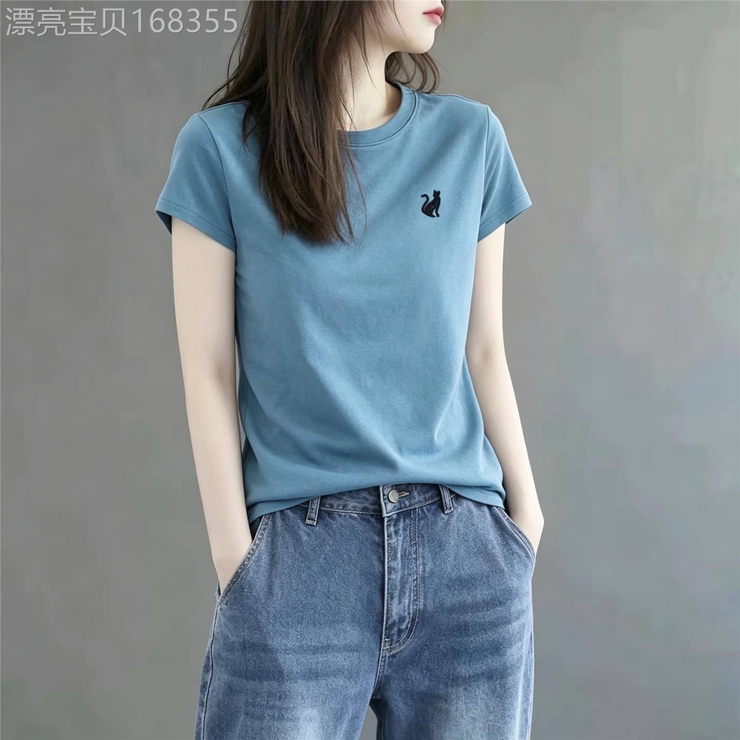 蓝色短袖T恤女夏季新款宽松圆领正肩休闲字母印花棉T显瘦时尚上衣
