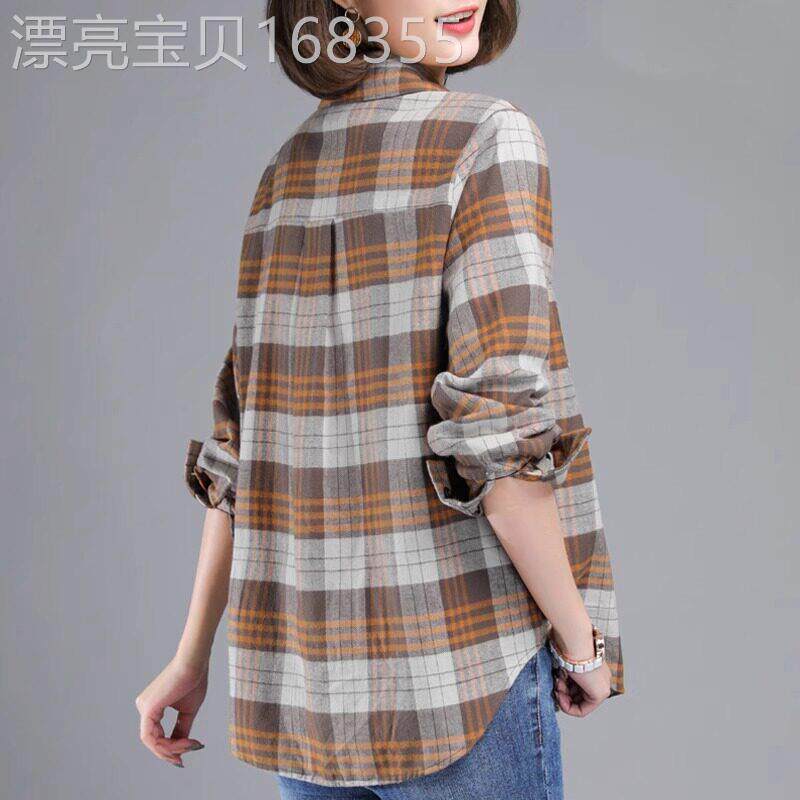 格子长袖衬衫女春秋新款时尚休闲洋气百搭女士开衫POLO领衬衣上衣