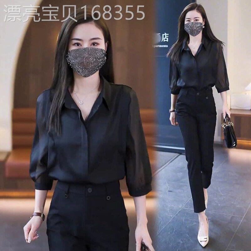 2026新款网红薄款上衣减龄雪纺衬衫夏季女装遮肚子中袖七分袖衬衣