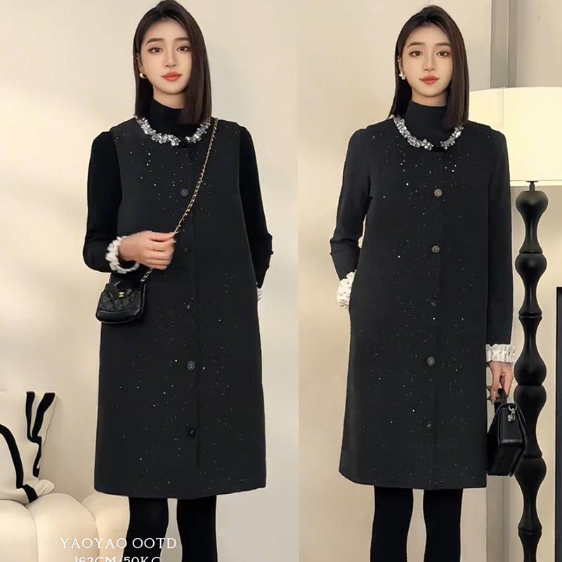 欧洲站设计感黑色小香风套装女2025年秋冬新款内搭毛呢背心连衣裙