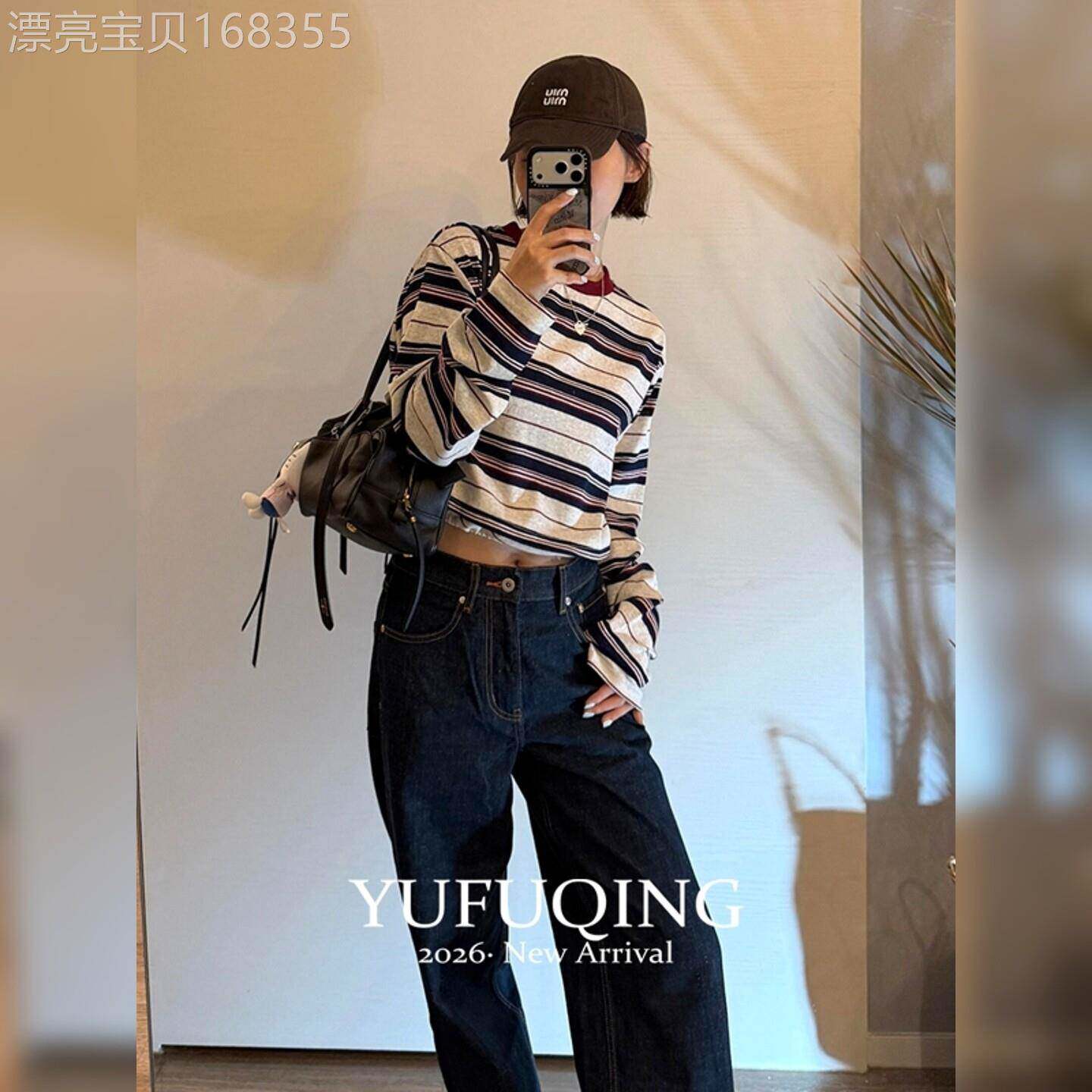 2026秋季新款条纹卫衣女款圆领宽松短款长袖美式复古休闲百搭上衣
