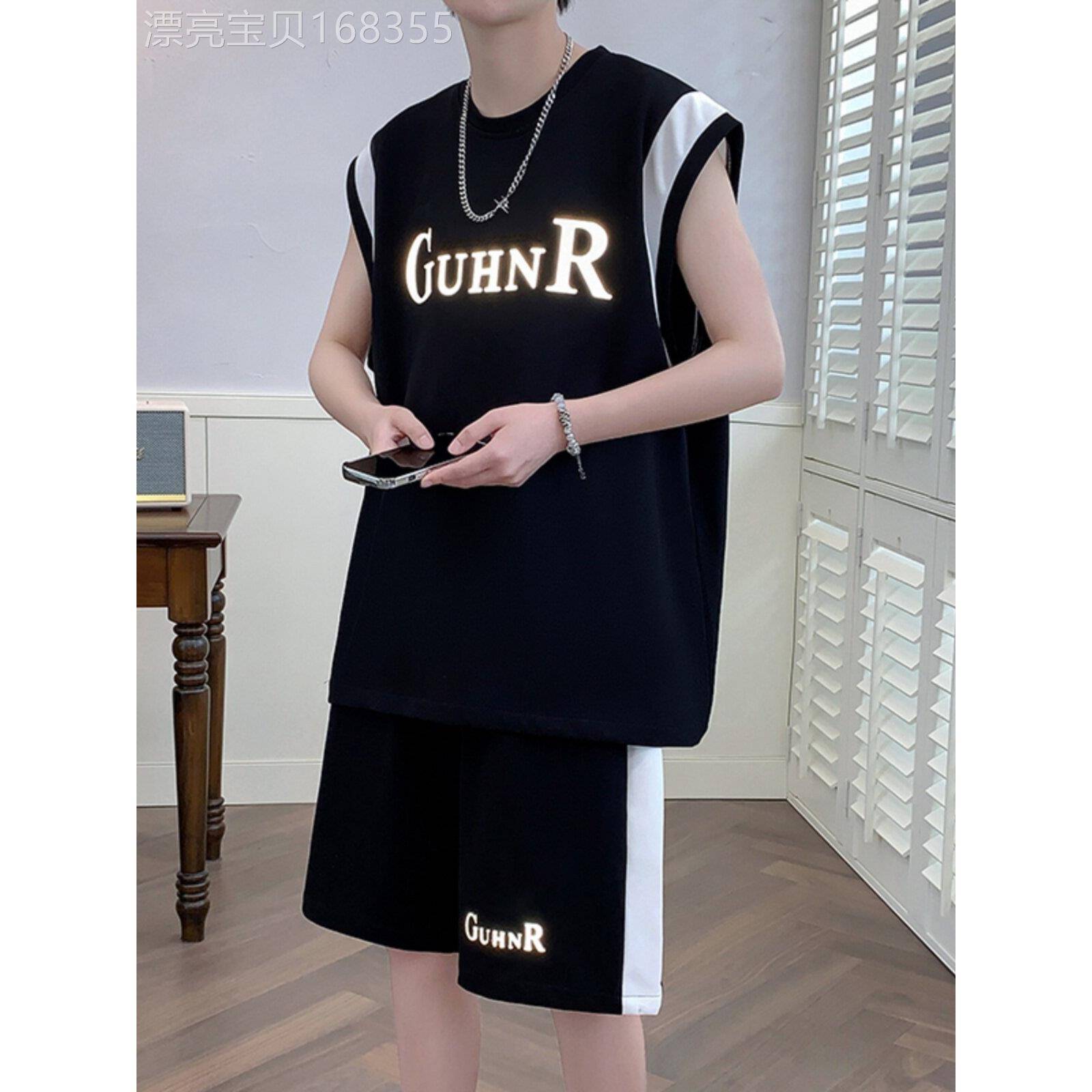 冰丝休闲运动套装男潮牌夏季宽松速干宽肩背心短裤青少年篮球衣服