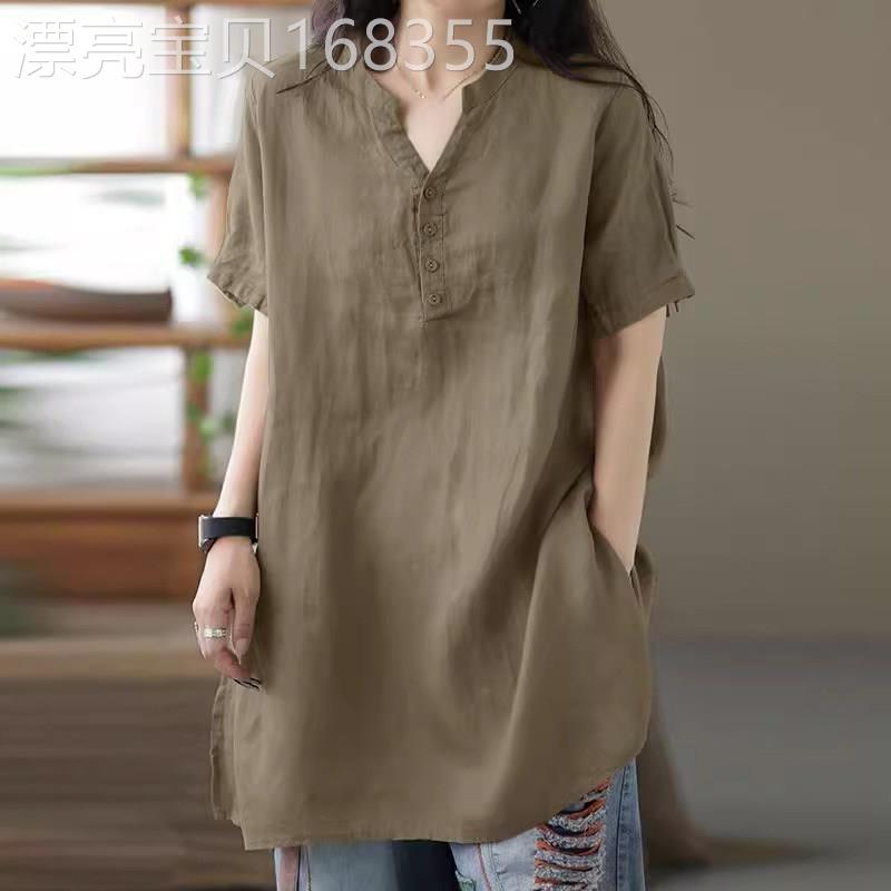 棉麻短袖t恤女夏季薄款2025新款宽松显瘦中长款休闲亚麻衬衫上衣