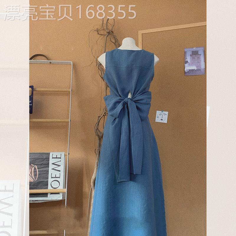 法式蓝色蝴蝶结连衣裙女夏季2026新款小众高级感休闲收腰气质长裙
