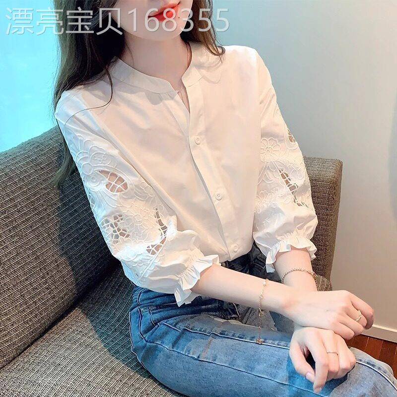重工刺绣泡泡灯笼短袖衬衫女2026春秋季立领衬衣七分袖白雪纺上衣