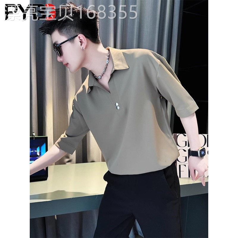 冰丝POLO衫男士短袖衬衫2026夏季新款痞帅V领七分袖T恤休闲男款潮