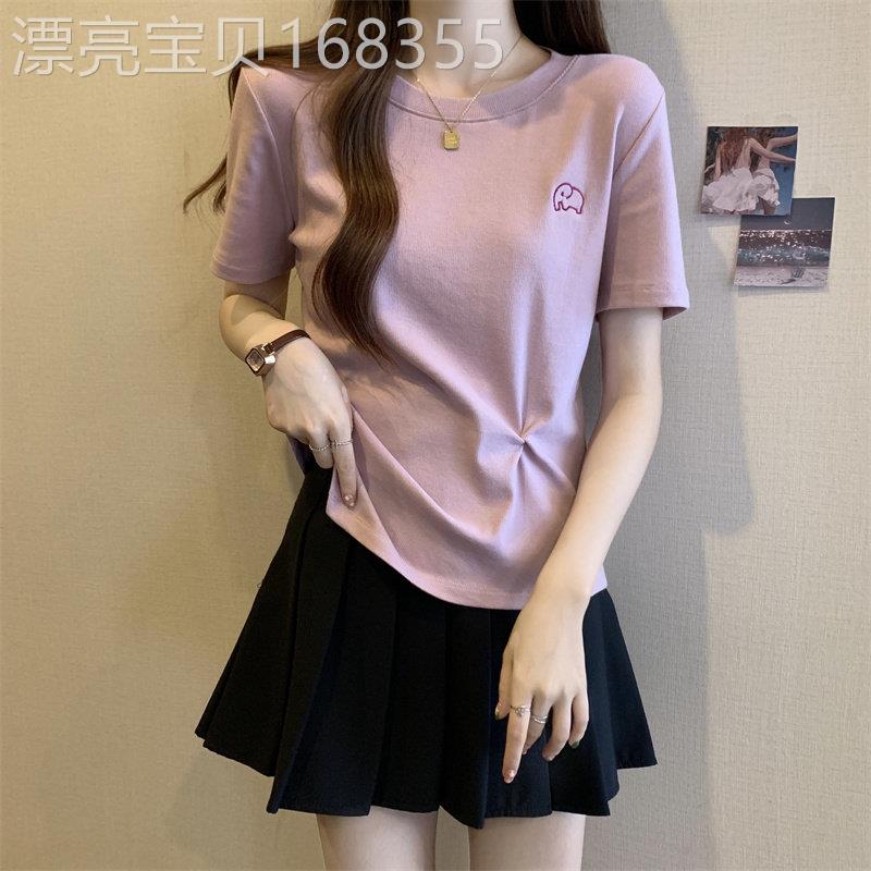 不规则紫色短袖T恤女2026夏季新款洋派减龄上衣圆领褶皱刺绣T恤