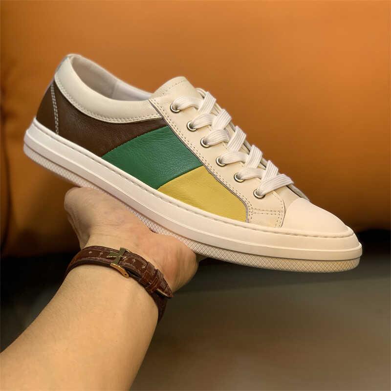 韩国专柜潮牌男鞋2025新款系带真皮拼色板鞋学生休闲轻奢小白鞋子