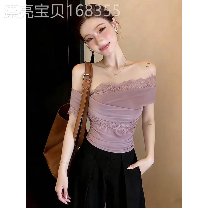 一字肩蕾丝拼接短袖T恤女夏季褶皱修身收腰绝美纯欲紫色甜辣上衣