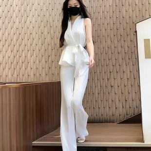 挂脖显瘦上衣阔腿裤 欧洲站时尚 设计感无袖 洋气套装 潮 女2025年夏季