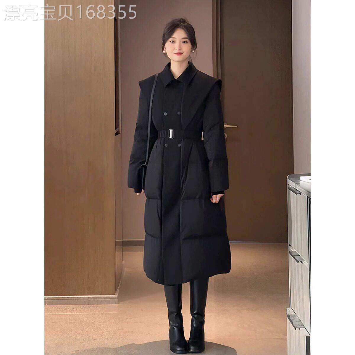 黑色中长版羽绒服女冬季2025新款高级感收腰加厚保暖鸭绒大衣外套