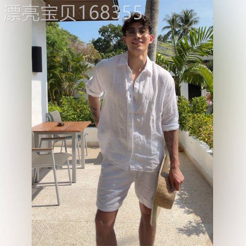 轻奢老钱风白色衬衫套装男士2026夏季冰丝防晒长袖衬衣短裤一整套
