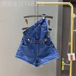 韩国蓝色减龄牛仔背带短裤女夏季薄款单肩设计阔腿a字连体裤热裤