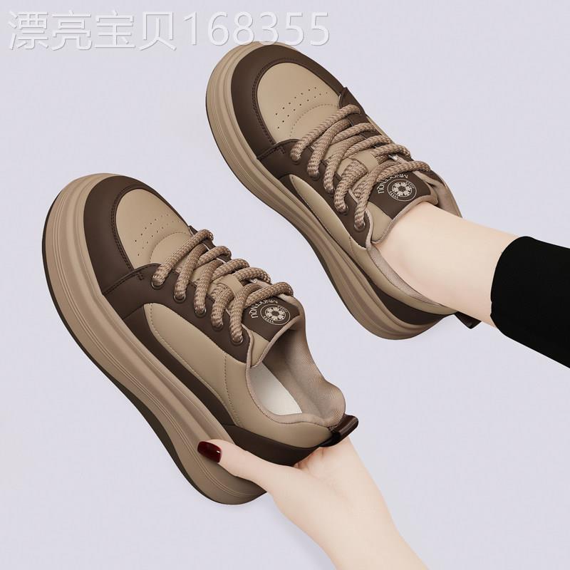 2025新款春秋季爆款百搭厚底轻便全皮女运动休闲鞋子增高老爹鞋女