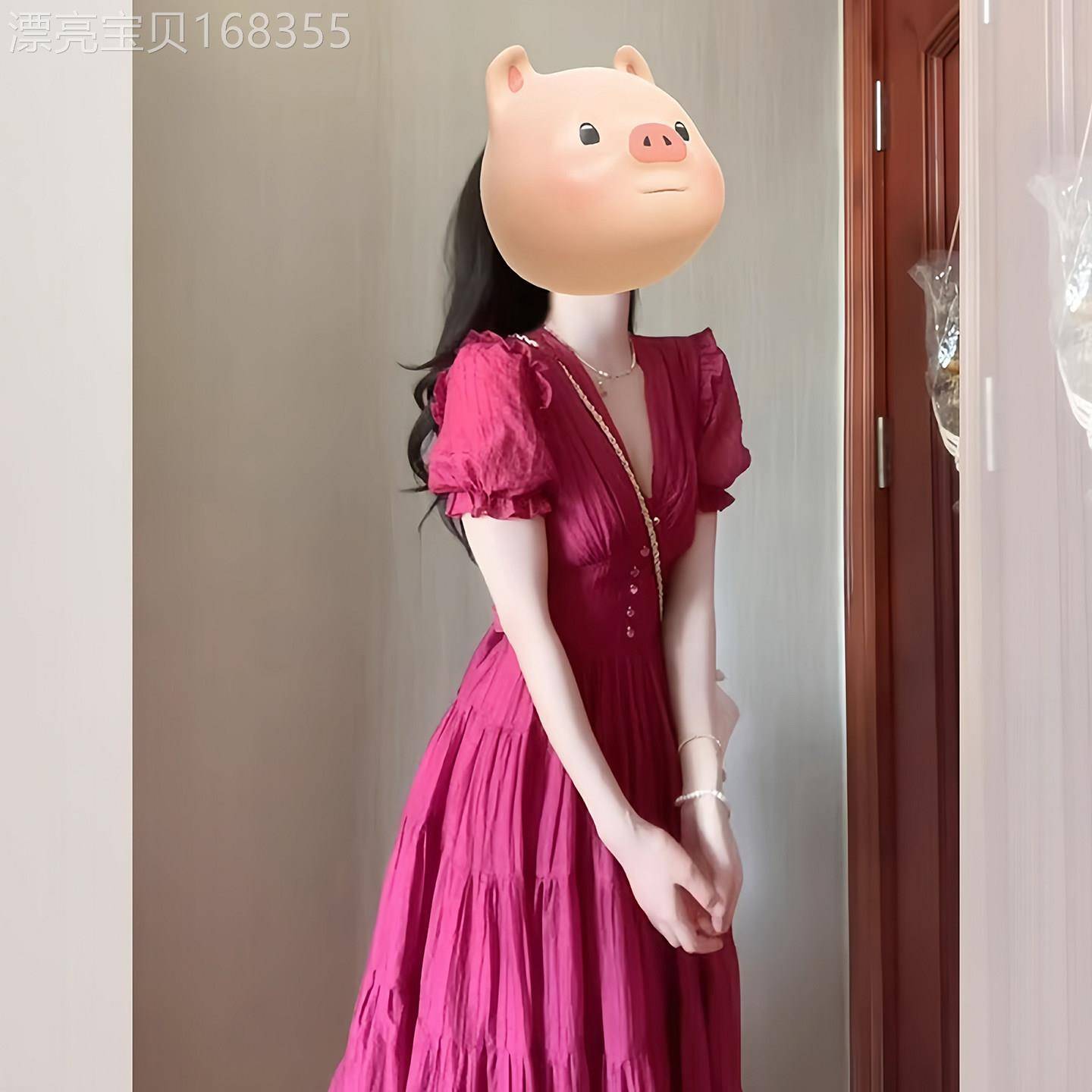 法式泡泡袖玫红色连衣裙女2025秋季新款气质独特超好看收腰长裙子