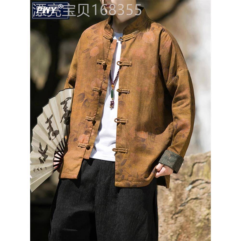 潮牌中国风棉麻印花外套男士春秋季新中式覆古唐装汉服夹克中山装