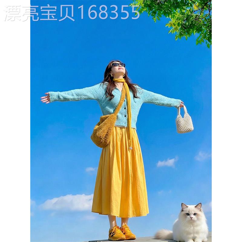 黄色高腰半身裙女2026春季新款百搭休闲韩系风小个子宽松A字长裙