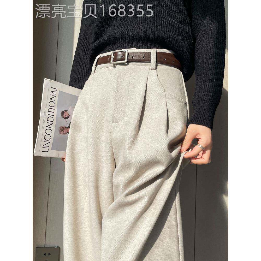 加绒毛呢阔腿西装裤女2025年秋冬季新款高腰宽松垂感直筒休闲裤子